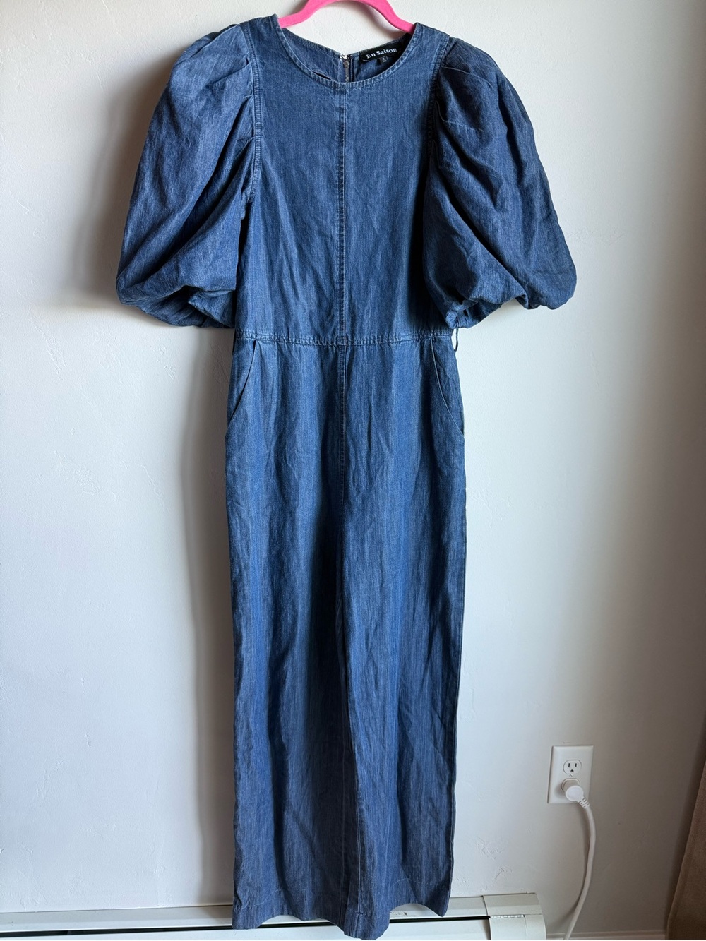 En Saison Anthropologie Sere Denim Puff-Sleeve Jumpsuit - Blue